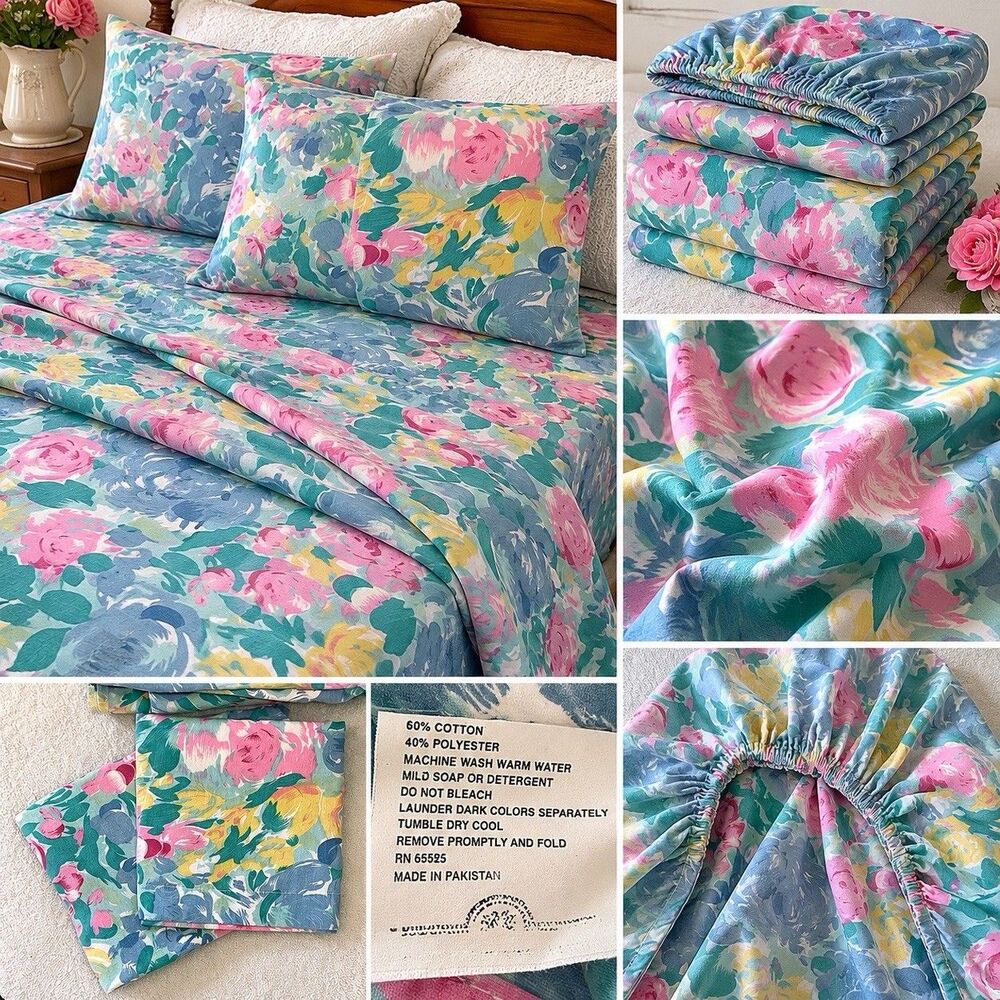 Vintage Floral Sheet Set Full Sized Fitted Flat 2 Standard Pillowcases